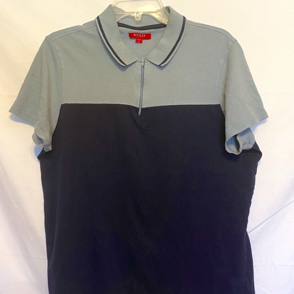 GUESS ~Casual Men Polo Shirt Gray/Blue Striped Guess? Logo Cotton Shirt ~Size M